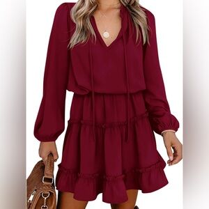 BTFBM Tie Neck Ruffle Tiered A Line Long Sleeve Mini Dress